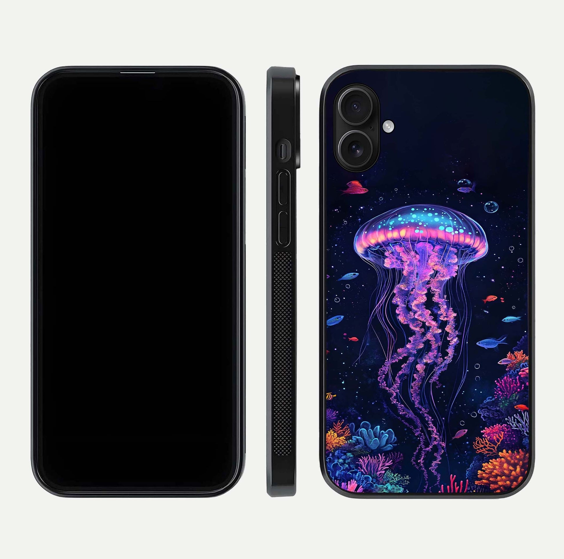 Neon Jellyfish Glass Case for iPhone 16 Plus front & back layout highlighting HD marine art and curved edges