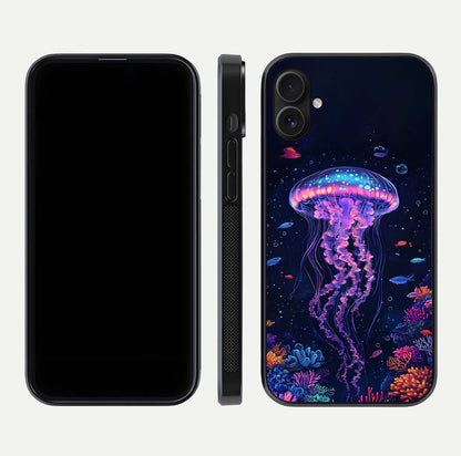 Neon Jellyfish Glass Case for iPhone 16 Plus front & back layout highlighting HD marine art and curved edges