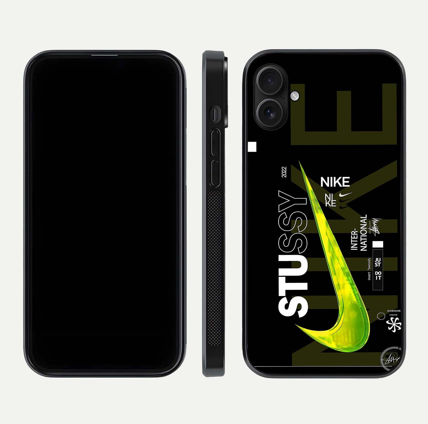 Neon Street Edition Glass Case for iPhone 16 Plus front & back layout highlighting street art vibe and edges