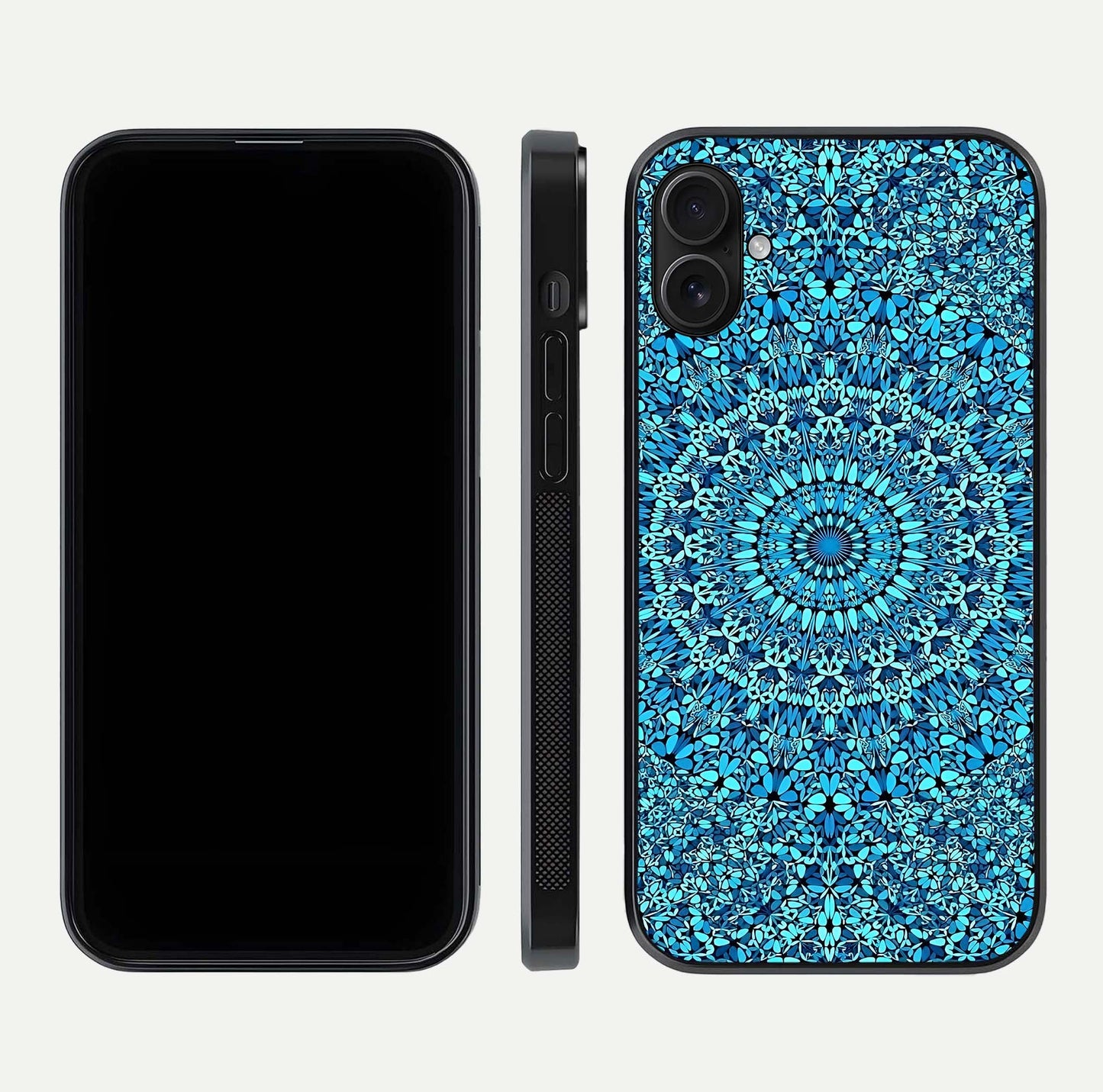 Ocean Bloom Mandala Glass Case for iPhone 16 Plus front & back layout showing ocean tone design and edges