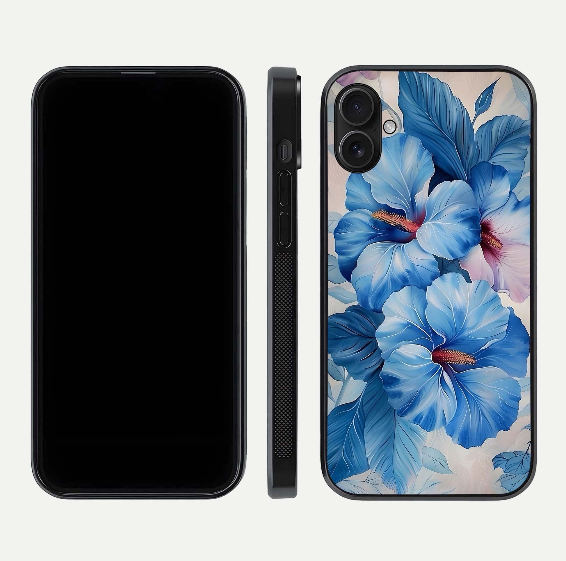 Ocean Hibiscus Grace Glass Case for iPhone 16 Plus front & back layout showing vibrant oceanic tones and curves