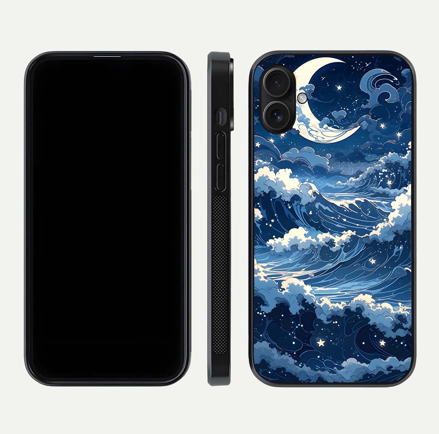 Ocean Moon Waves Glass Case for iPhone 16 Plus front & back layout highlighting water flow and smooth edges