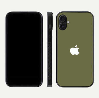 Olive Matte Essence Glass Case for iPhone 16 Plus front & back layout highlighting simple design and clean edges