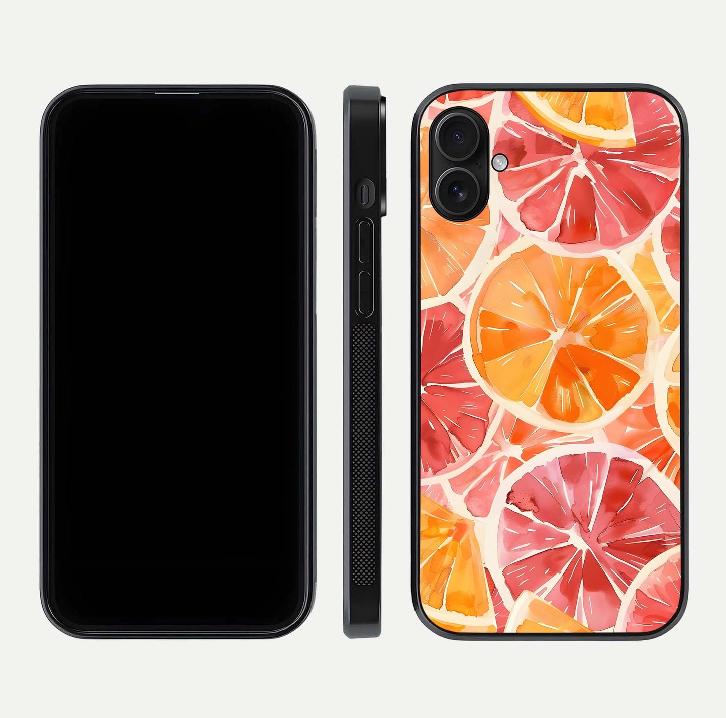 Orange Fruits Pattern Glass Case for iPhone 16 Plus front & back layout highlighting bright colors and clean edges