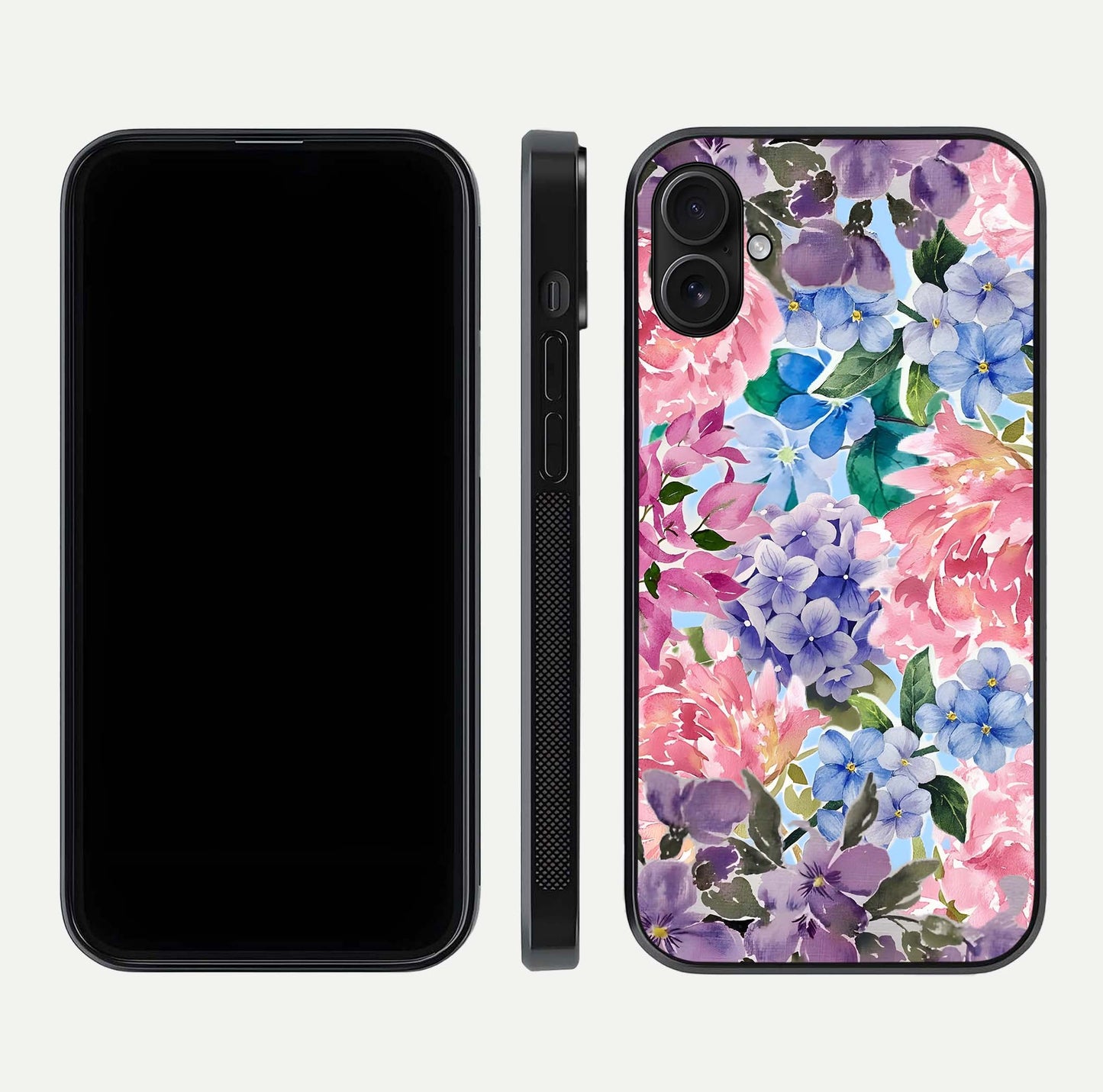 Pastel Floral Mix Glass Case for iPhone 16 Plus front & back layout showing gentle tones and elegant edges