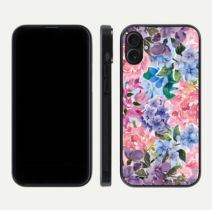 Pastel Floral Mix Glass Case for iPhone 16 Plus front & back layout showing gentle tones and elegant edges