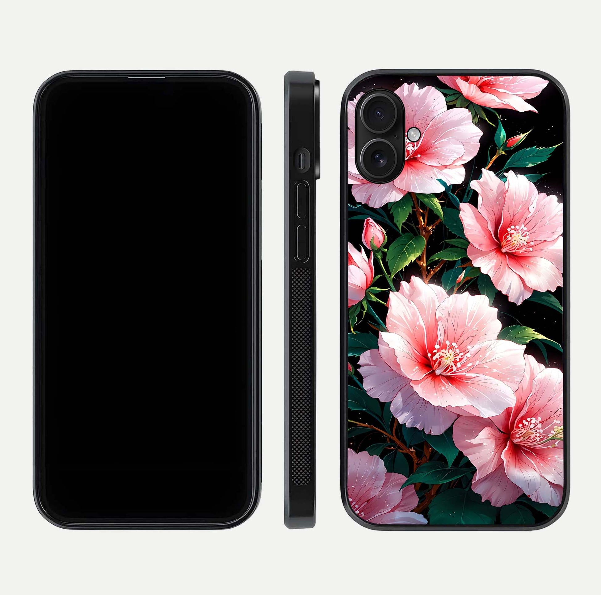 Peach Flower Glass Case for iPhone 16 Plus front & back layout showing elegant floral tones and smooth edges