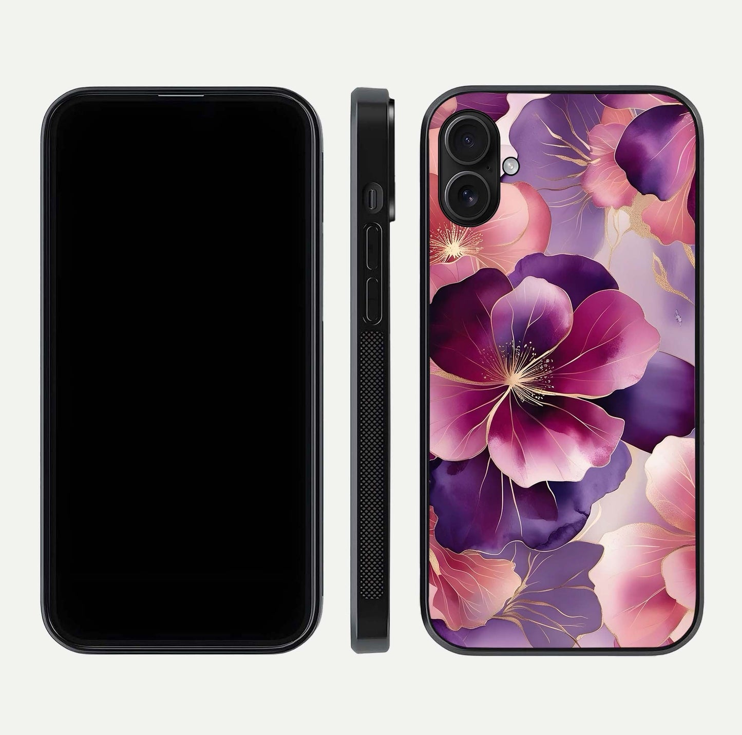 Pink Bouquet Florals Glass Case for iPhone 16 Plus front & back layout highlighting vivid petals and smooth edges