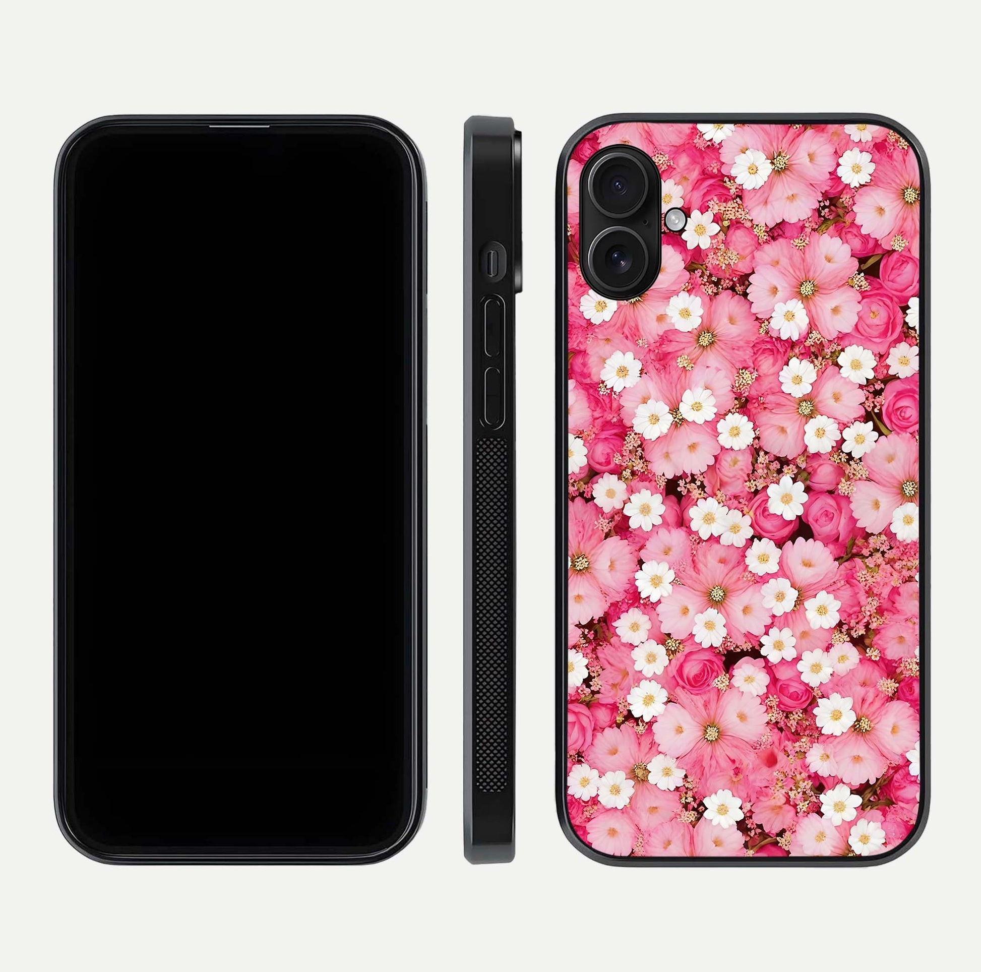 Pink Daisy Bliss Glass Case for iPhone 16 Plus front & back layout showing HD floral tones and edge finish