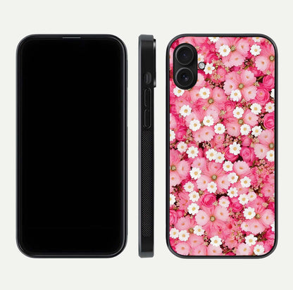 Pink Daisy Bliss Glass Case for iPhone 16 Plus front & back layout showing HD floral tones and edge finish