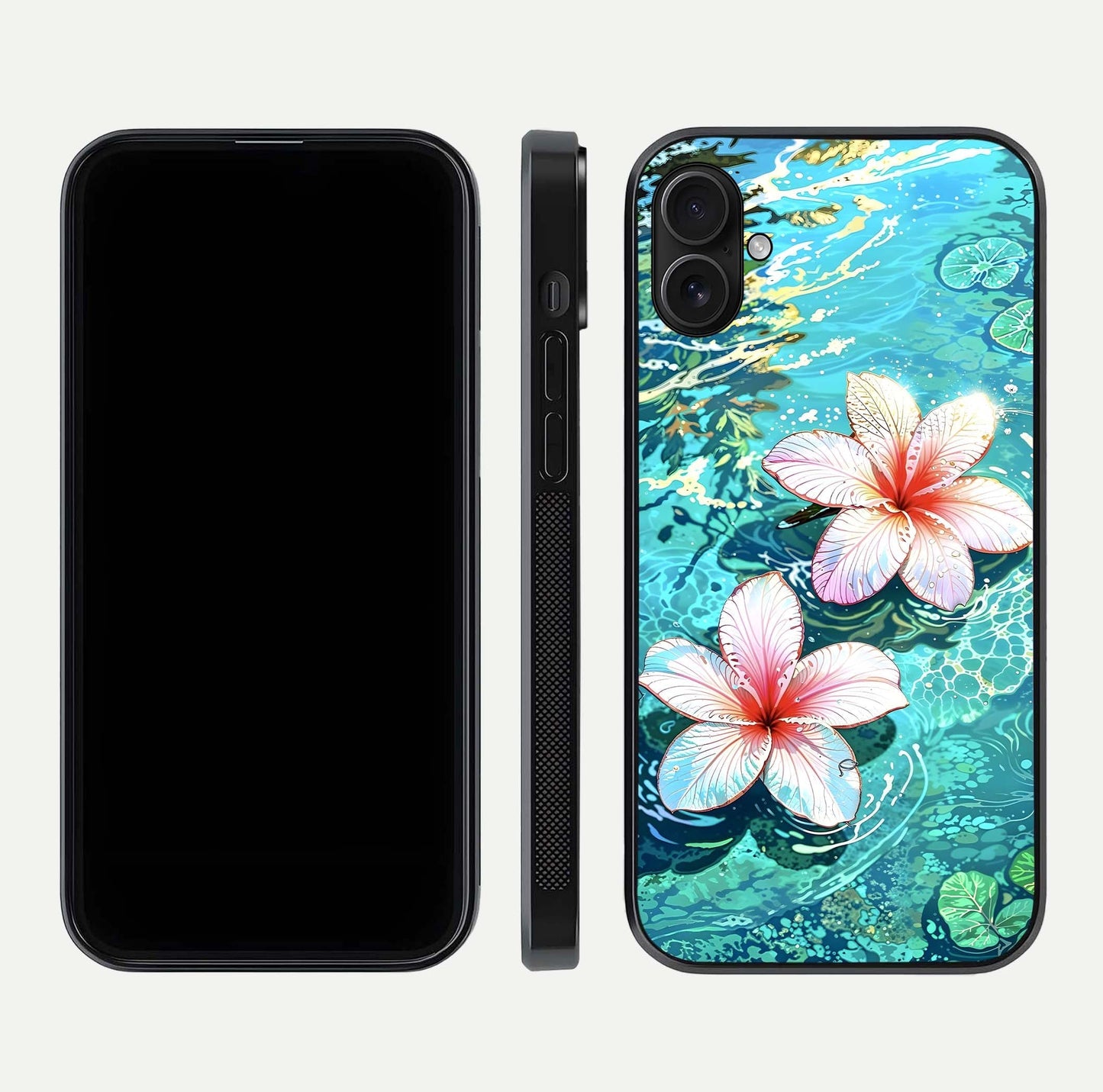 Pink Flowers in Water Glass Case for iPhone 16 Plus front & back layout showing elegant pastel floral tones