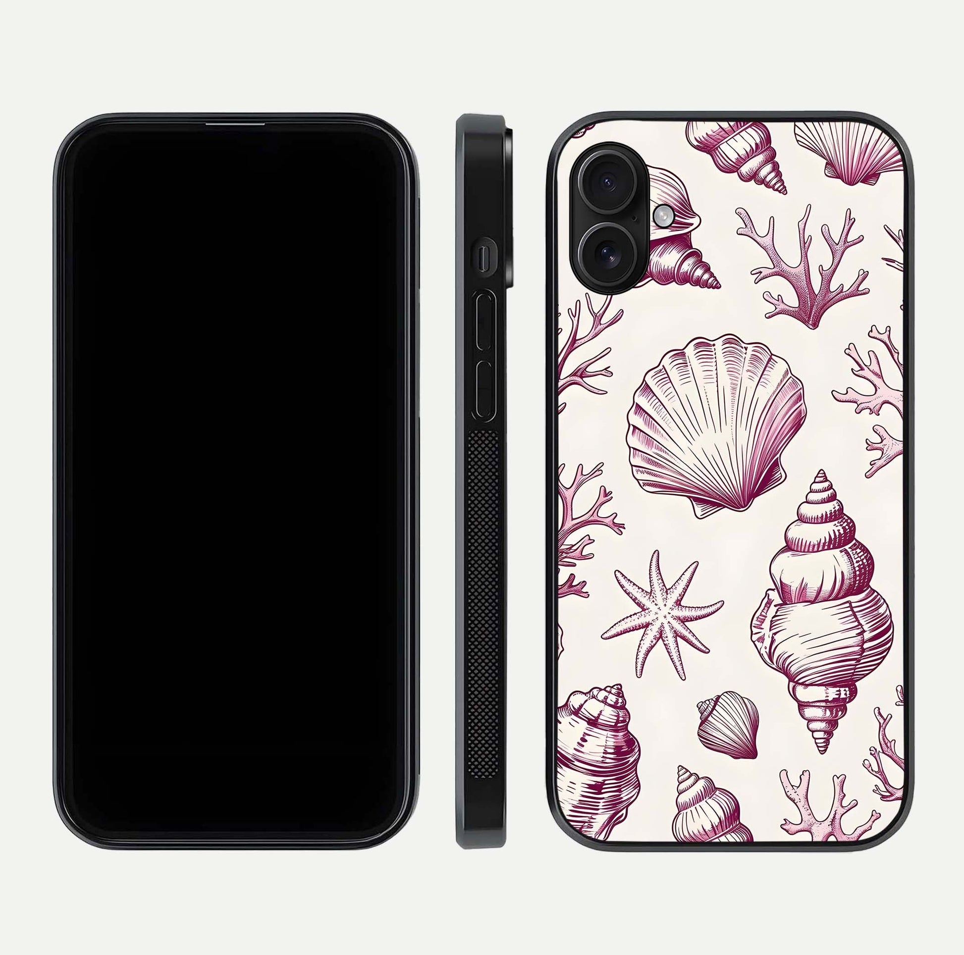 Pink Shells Outline Glass Case for iPhone 16 Plus front & back layout showing soft pastel tones and edge design