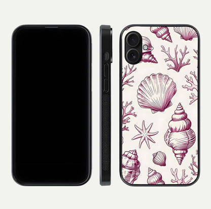Pink Shells Outline Glass Case for iPhone 16 Plus front & back layout showing soft pastel tones and edge design