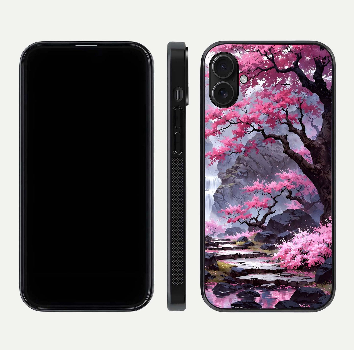 Pinkish Scenery Glass Case for iPhone 16 Plus front & back layout showing landscape art and curved edge finish