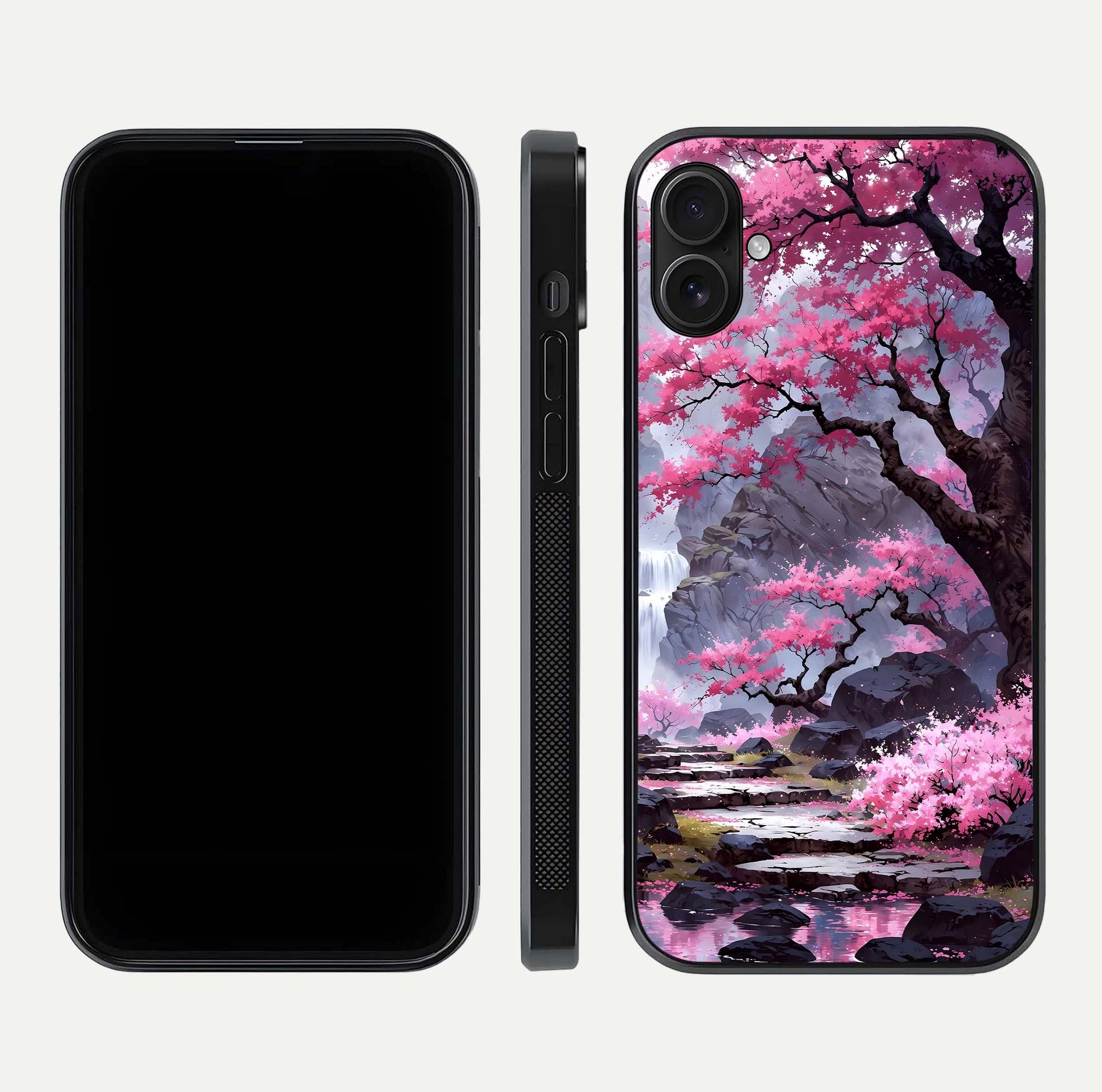 Pinkish Scenery Glass Case for iPhone 16 Plus front & back layout showing landscape art and curved edge finish