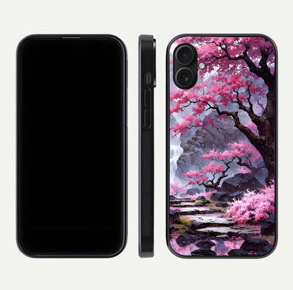 Pinkish Scenery Glass Case for iPhone 16 Plus front & back layout showing landscape art and curved edge finish