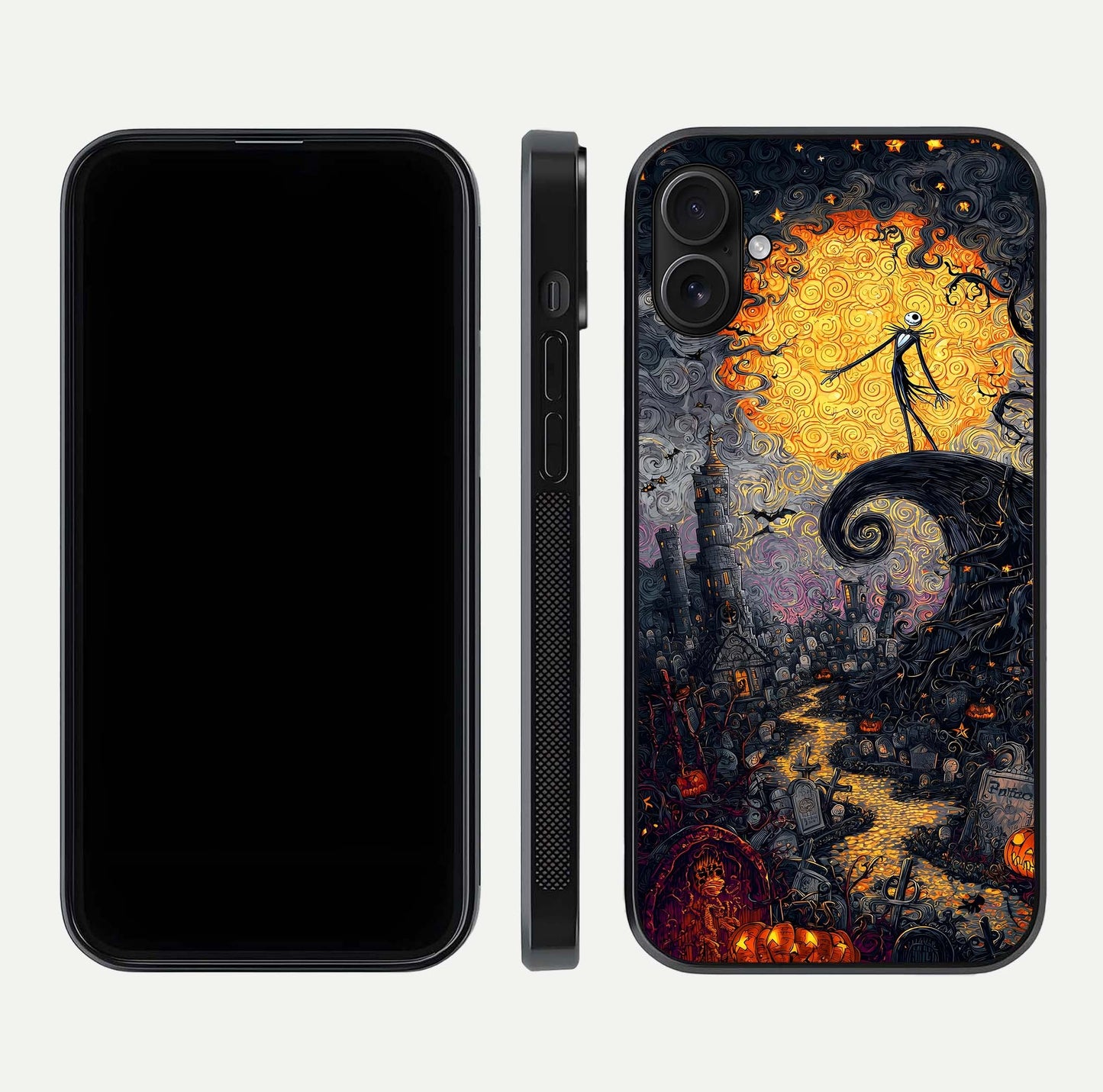 Pumpkin Moon Night Glass Case for iPhone 16 Plus front & back layout highlighting festive tones and smooth edges