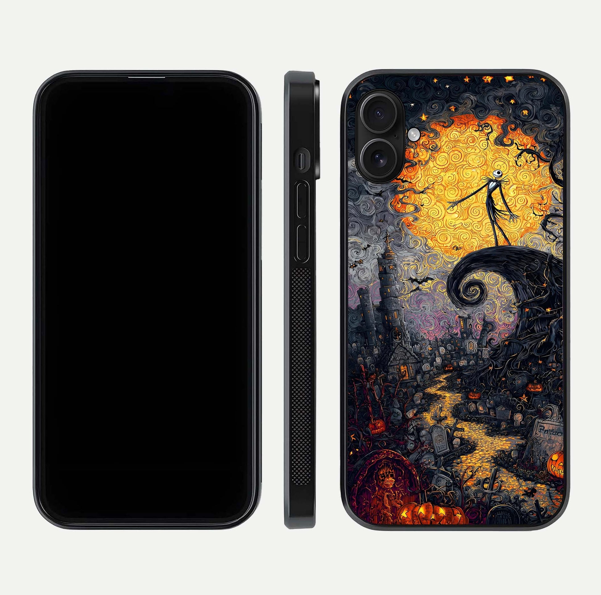 Pumpkin Moon Night Glass Case for iPhone 16 Plus front & back layout highlighting festive tones and smooth edges