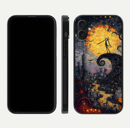 Pumpkin Moon Night Glass Case for iPhone 16 Plus front & back layout highlighting festive tones and smooth edges