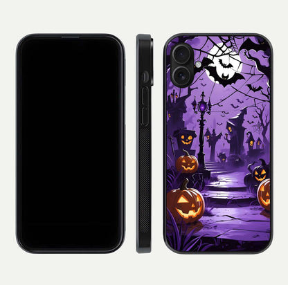 Pumpkin Patch Halloween Glass Case for iPhone 16 Plus front & back layout showing festive Halloween print