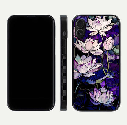 Purple Lotus Pattern Glass Case for iPhone 16 Plus front & back layout highlighting floral tones and soft edges