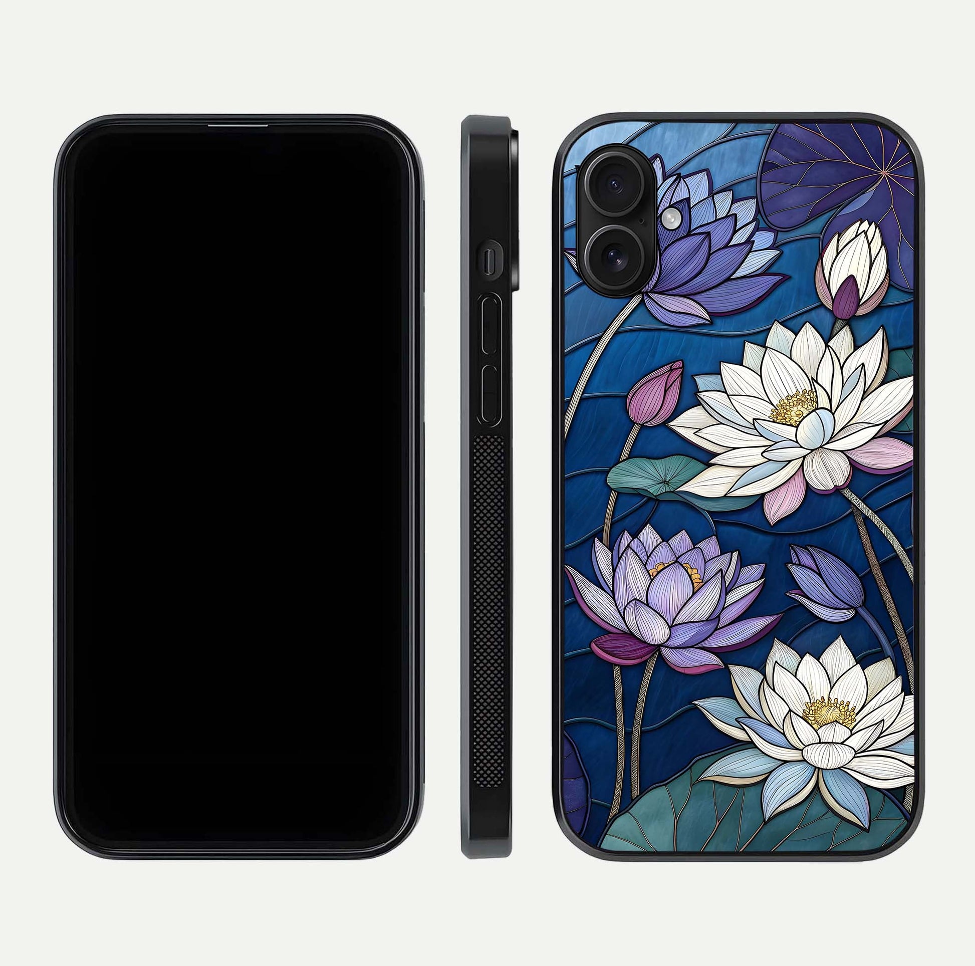 Purple Lotus Stained Glass Case for iPhone 16 Plus front & back layout showing bright tones and smooth edge finish