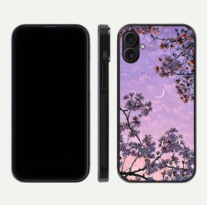 Purple Serenity Moon Glass Case for iPhone 16 Plus front & back layout highlighting celestial tones and curves