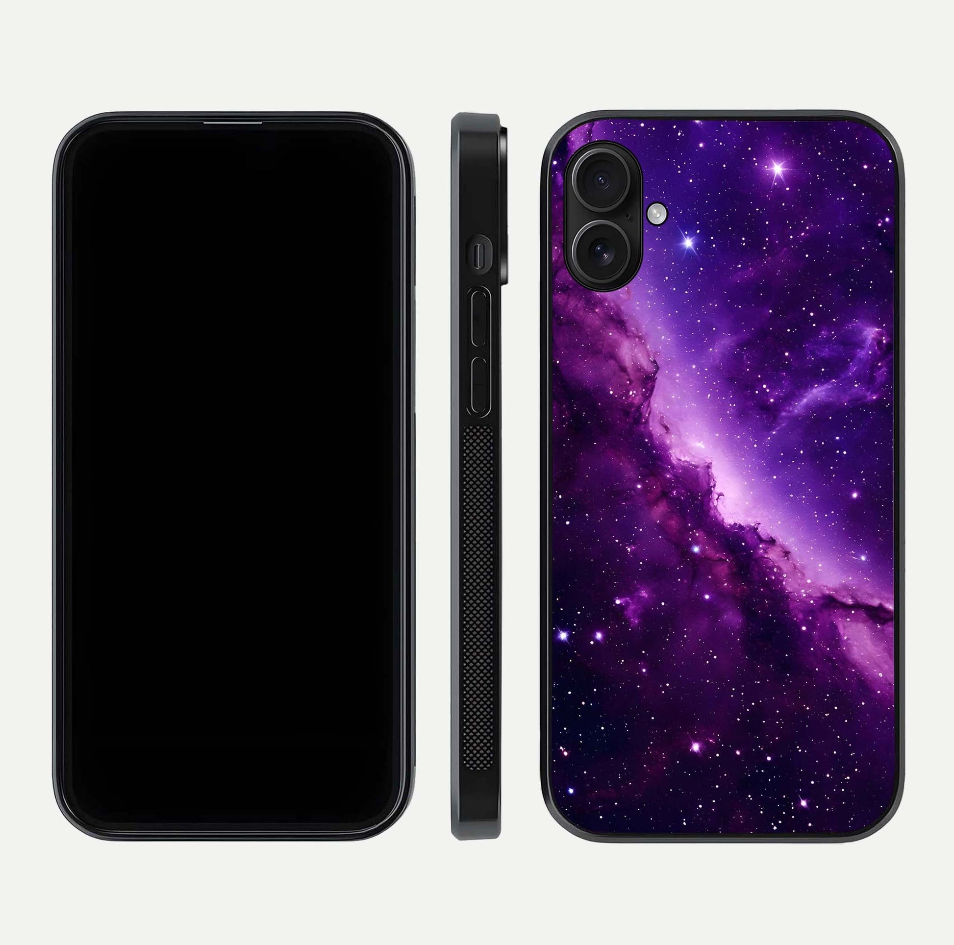 Purple Shade Sky Glass Case for iPhone 16 Plus front & back layout showing HD tones and clean glass edges