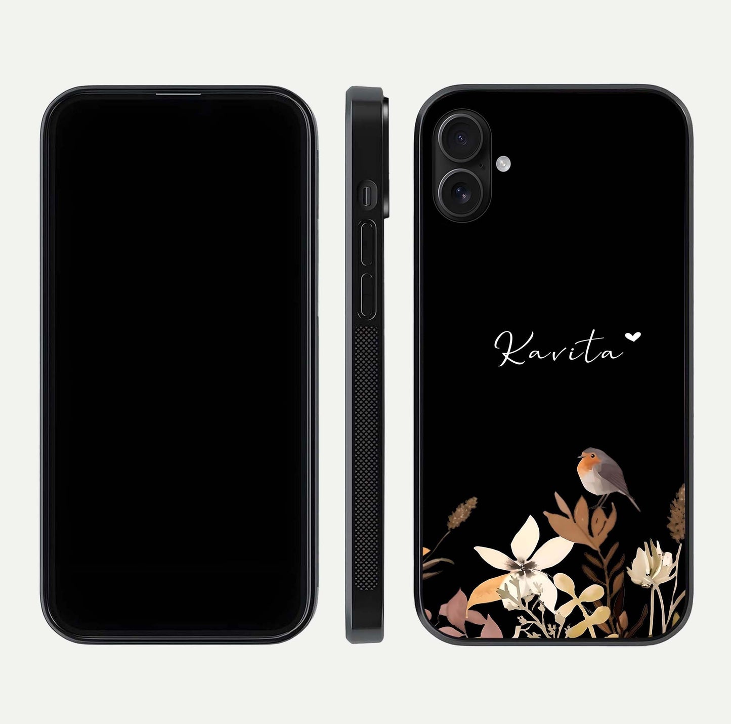 Quiet Garden Tune Custom Name Glass Case for iPhone 16 Plus front & back layout highlighting name area and edges