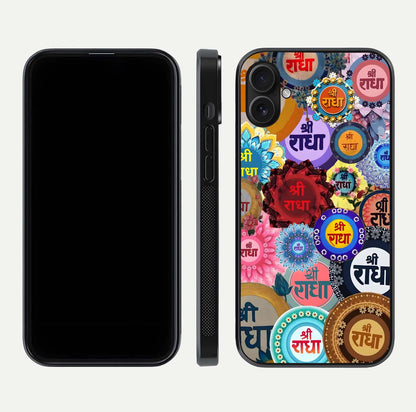 Radha Divine Bloom Glass Case for iPhone 16 Plus front & back layout showing spiritual tones and elegant edges