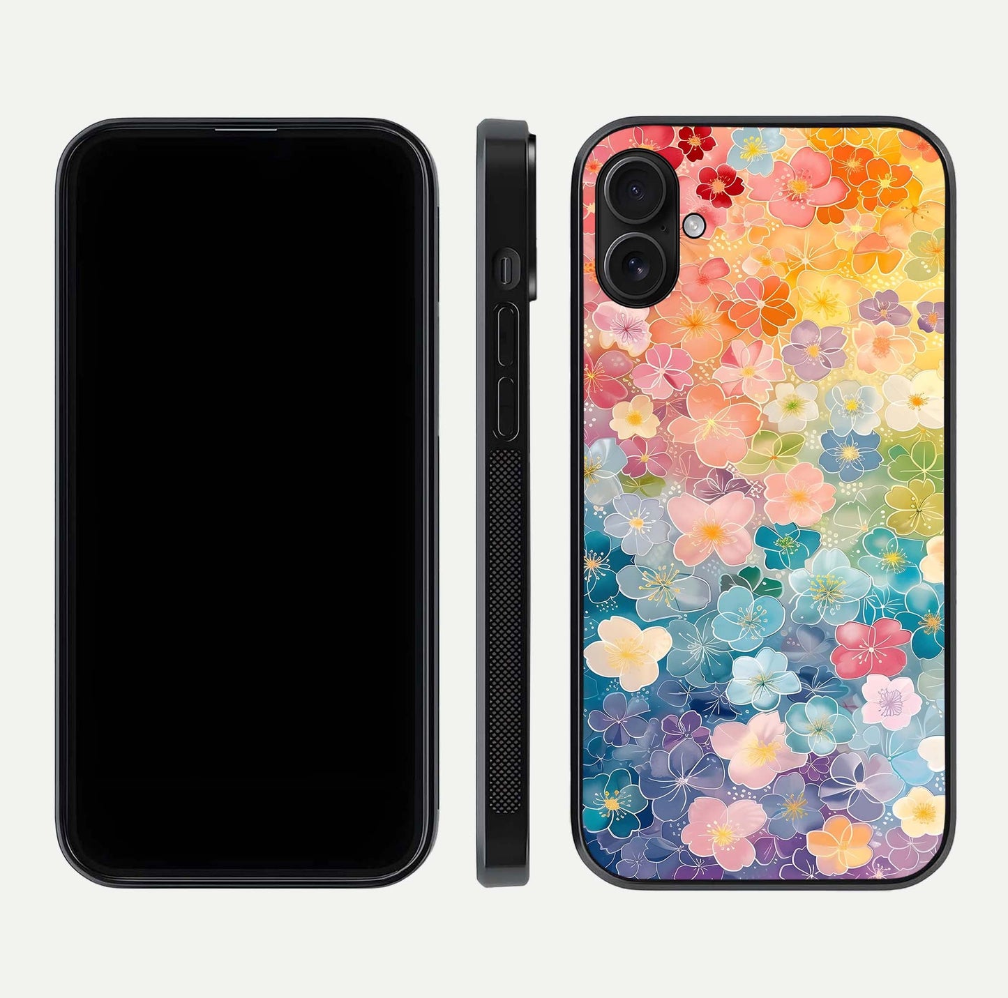 Rainbow Blossom Burst Glass Case for iPhone 16 Plus front & back layout showing bright tones and edge finish