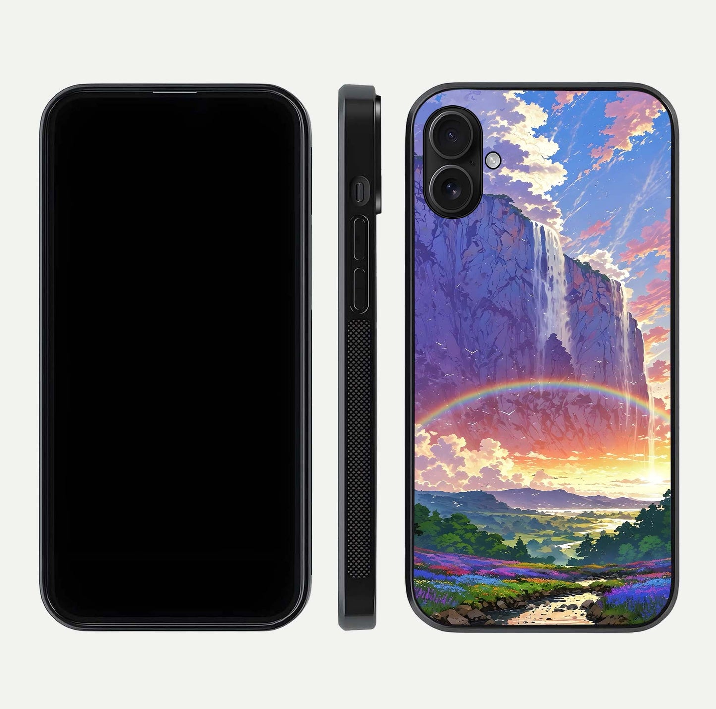Rainbow Valley Dream Glass Case for iPhone 16 Plus front & back layout showing smooth color blend and curved edge