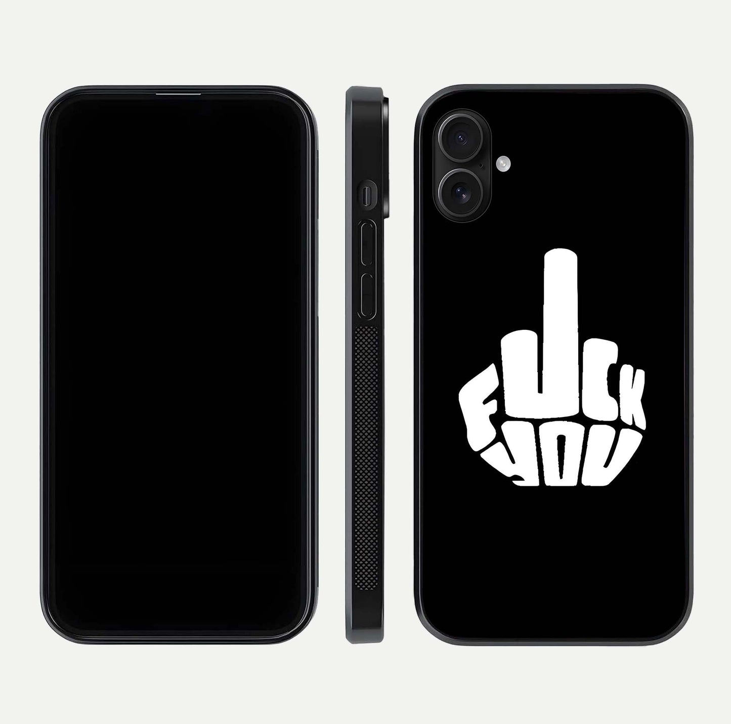 Rebel Mode On Glass Case for iPhone 16 Plus front & back layout showing minimal tone and clean edge fit