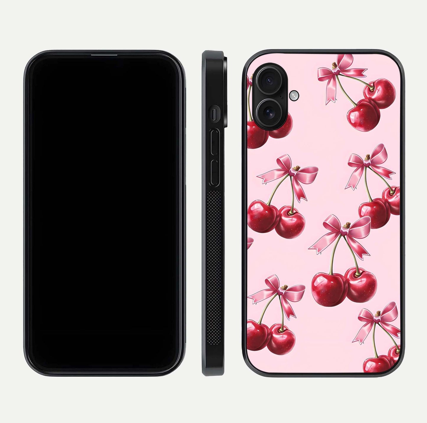 Red Cherries Pattern Glass Case for iPhone 16 Plus front & back layout highlighting vibrant fruit print and edges