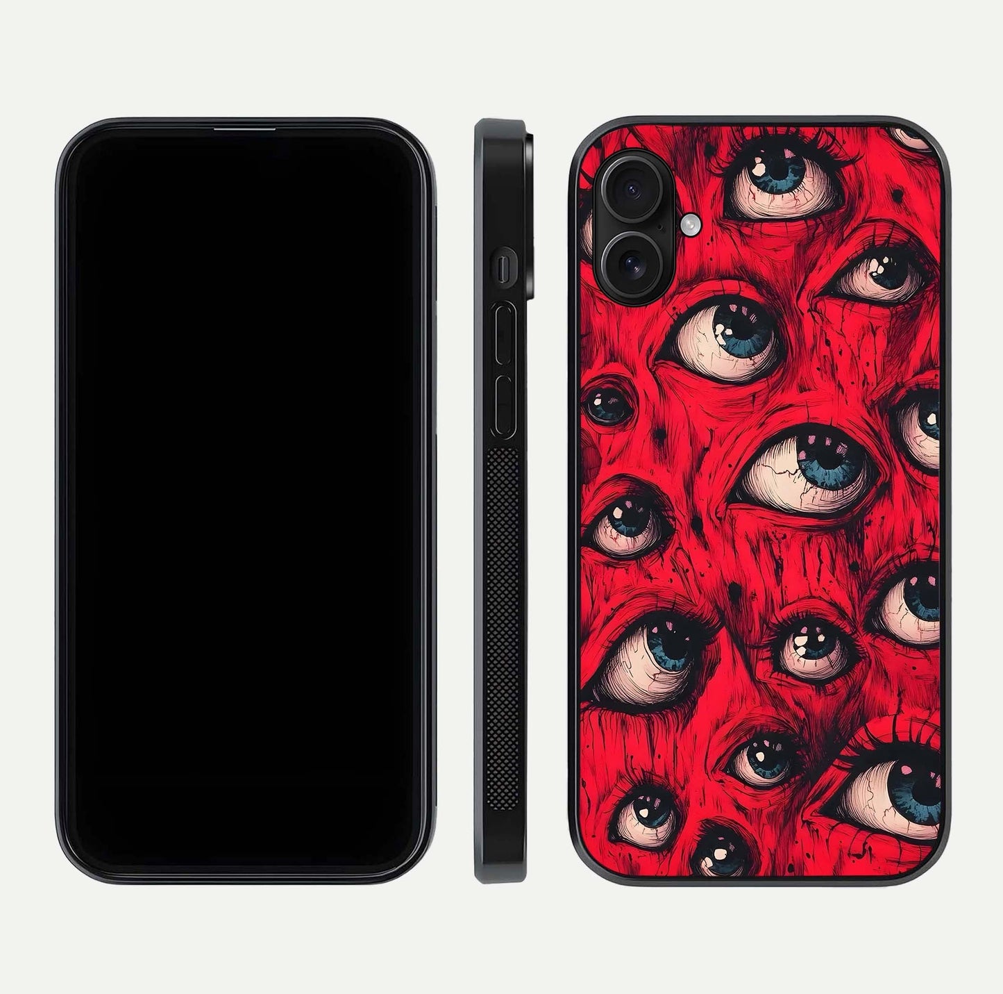 Red Eyes Pattern Glass Case for iPhone 16 Plus front & back layout showing sharp edge finish and design depth