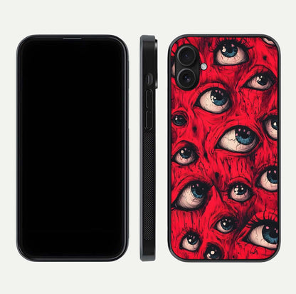 Red Eyes Pattern Glass Case for iPhone 16 Plus front & back layout showing sharp edge finish and design depth