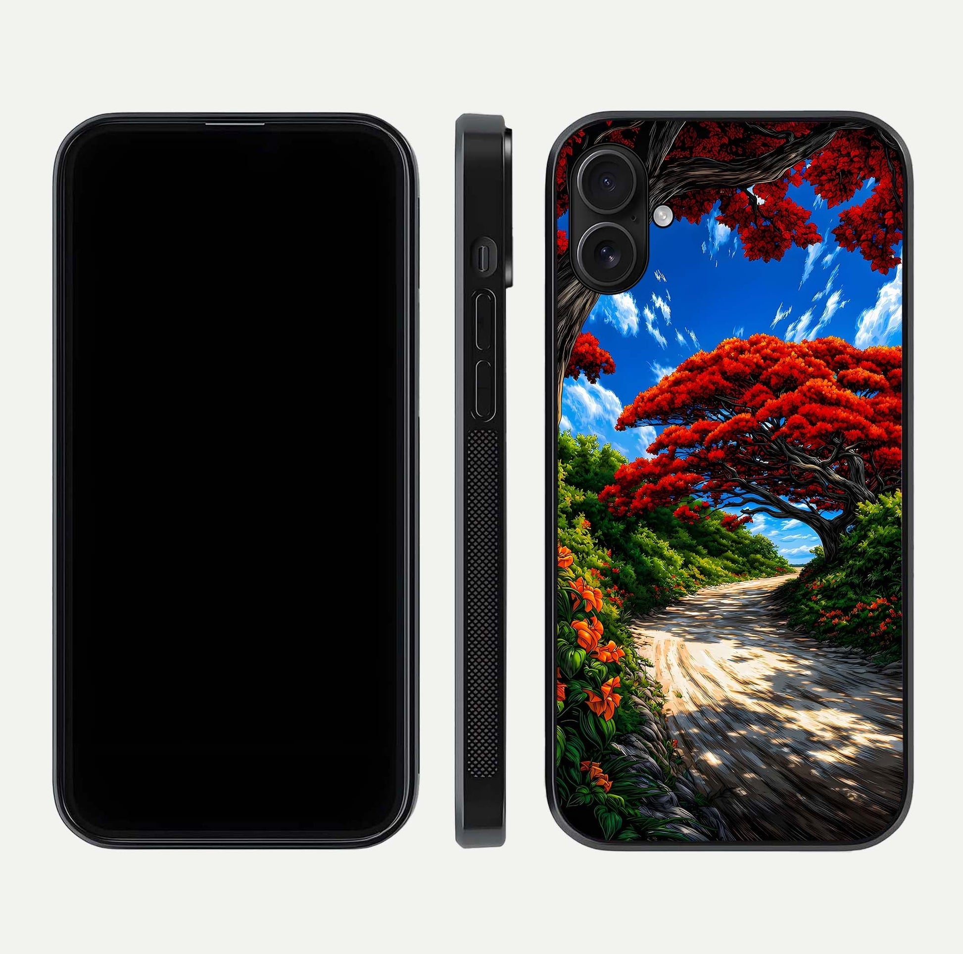 Red Trees Pathway Glass Case for iPhone 16 Plus front & back layout showing scenic tone blend and edges