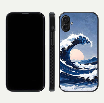 Rising Tide Power Glass Case for iPhone 16 Plus front & back layout showing ocean design and smooth glass edge