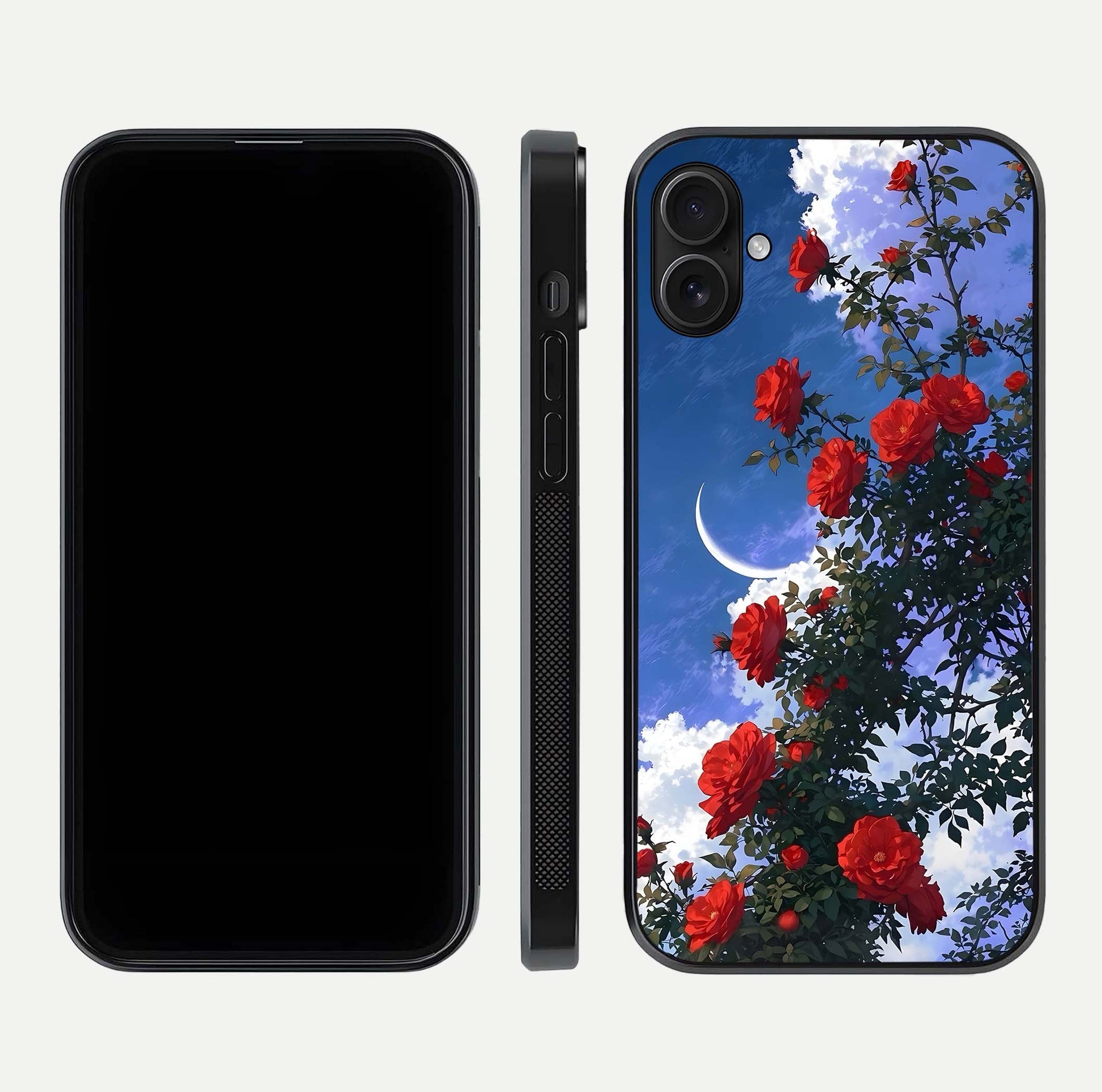 Rose Drift Flowers Glass Case for iPhone 16 Plus front & back layout showing rose gradient tones and edges
