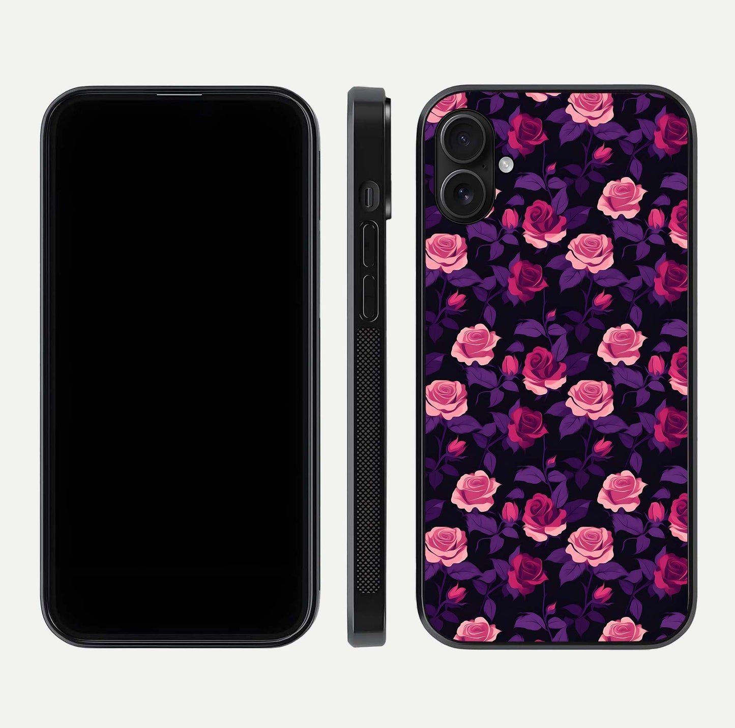 Rose Garden Twilight Glass Case for iPhone 16 Plus front & back layout showing rich twilight tones and edges