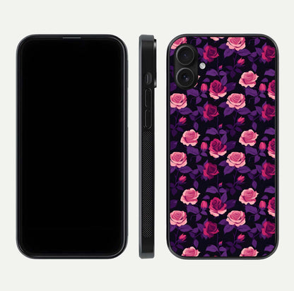 Rose Garden Twilight Glass Case for iPhone 16 Plus front & back layout showing rich twilight tones and edges