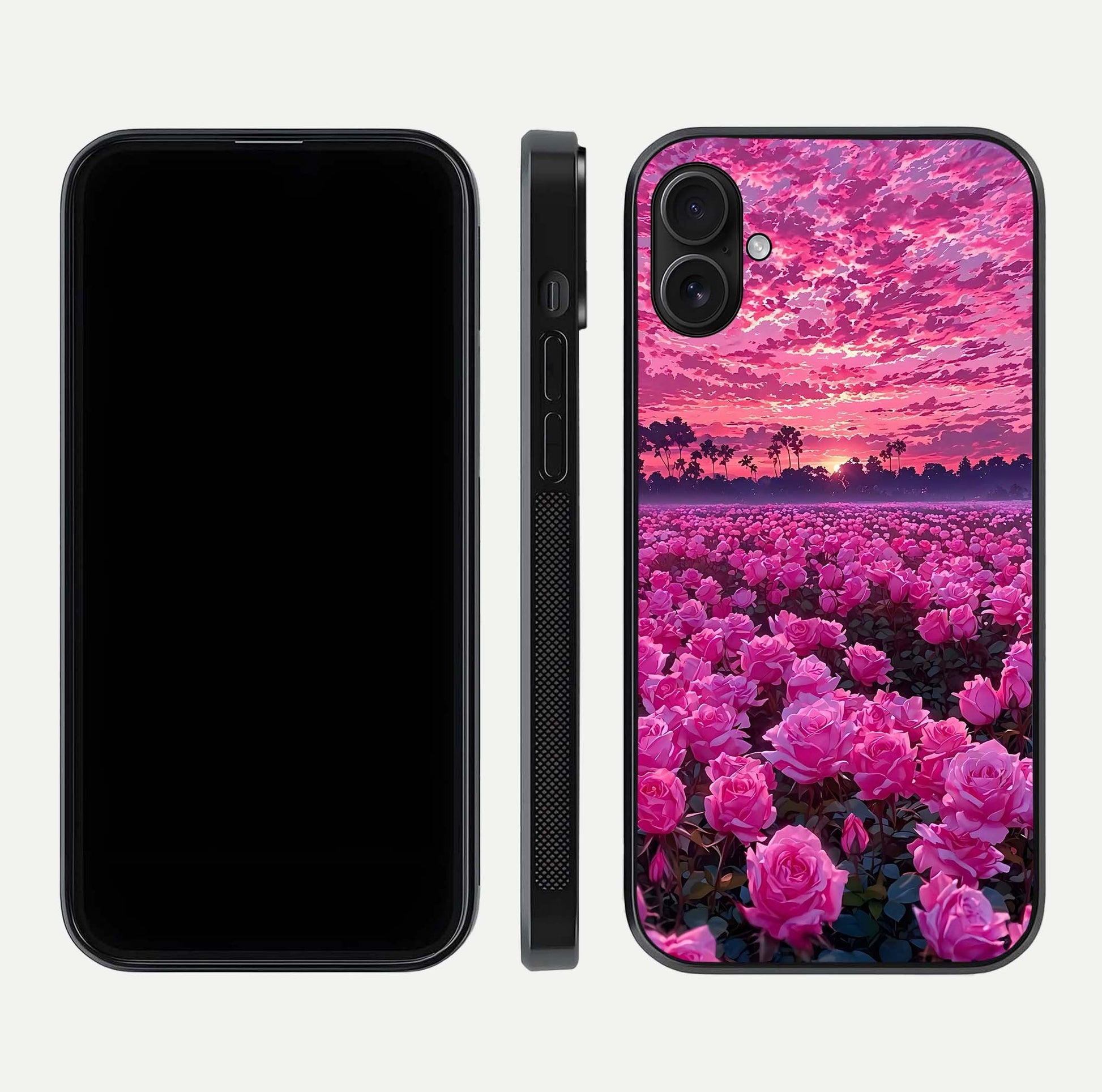 Rose Sunset Valley Glass Case for iPhone 16 Plus front & back layout highlighting gradient tones and glass shine
