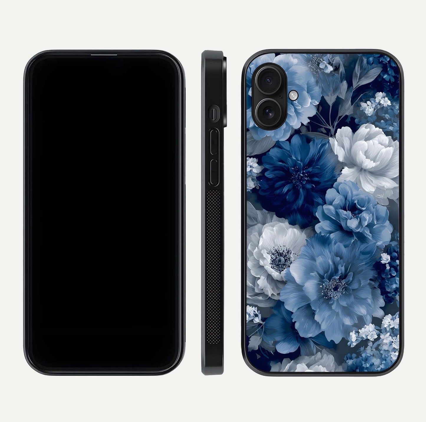 Royal Bloom Garden Glass Case for iPhone 16 Plus front & back layout showing soft tones and curved glass design