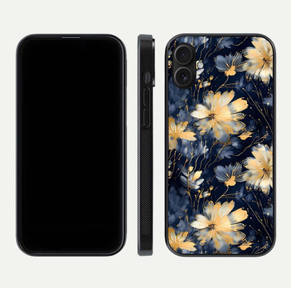 Royal Petal Dream Glass Case for iPhone 16 Plus front & back layout showing floral pattern and clean edge finish