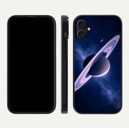 Saturn Ring Mystique Glass Case for iPhone 16 Plus front & back layout showing cosmic tones and edge glow