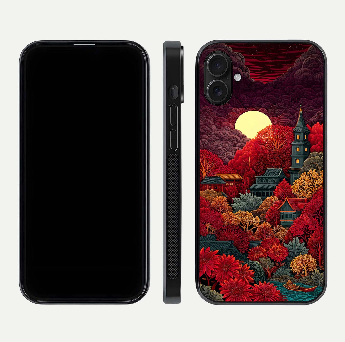 Scarlet Autumn Temple Glass Case for iPhone 16 Plus front & back layout showing scenic tones and curved edges