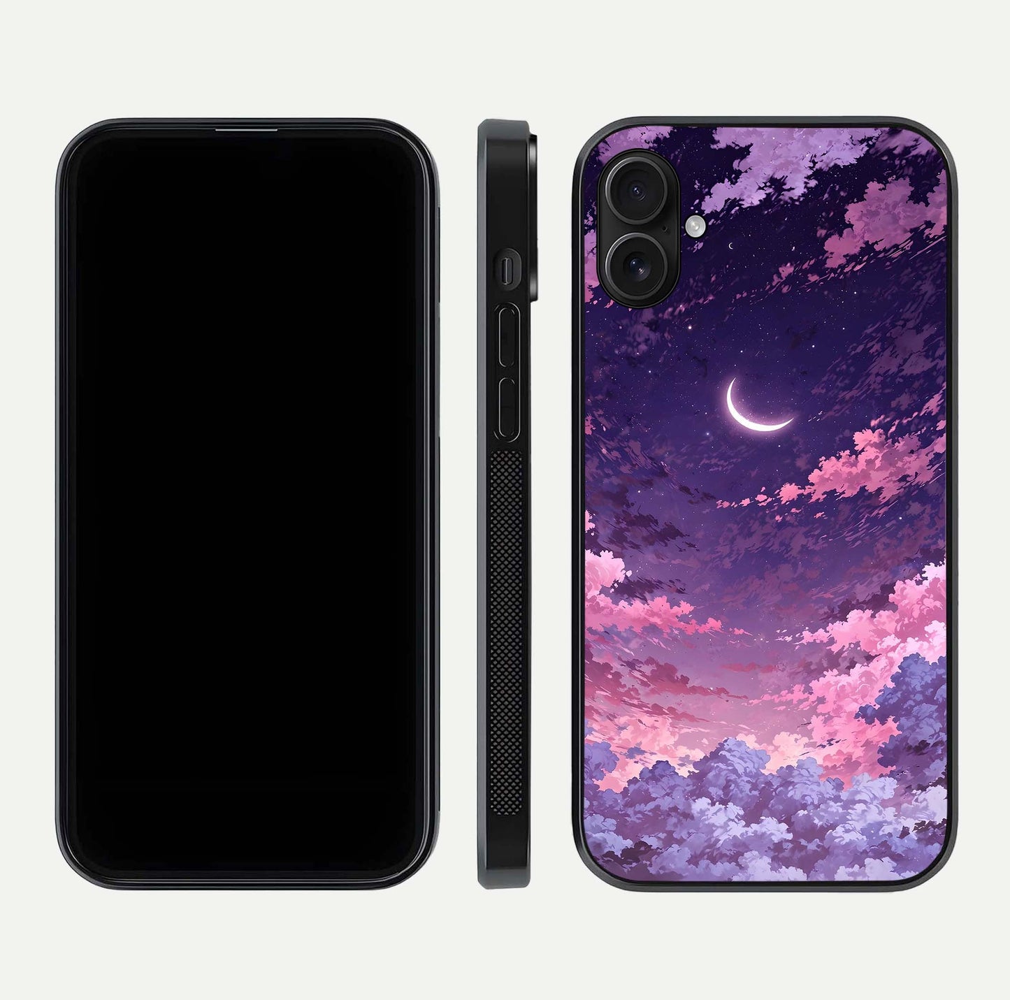 Sky Drift Clouds Glass Case for iPhone 16 Plus front & back layout showing sky tones and smooth edge design
