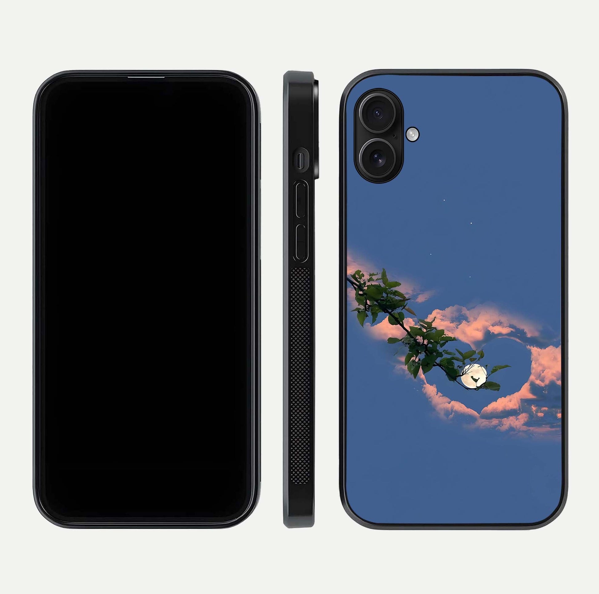 Sky Under Tree Glass Case for iPhone 16 Plus front & back layout showing sky tones and curved glass edge