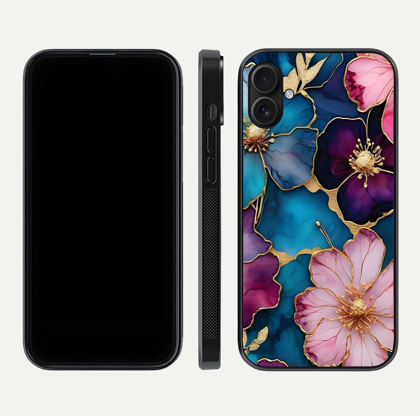Sparkle Floral Glass Case for iPhone 16 Plus front & back layout showing floral print and edge clarity