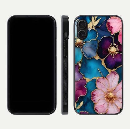 Sparkle Floral Glass Case for iPhone 16 Plus front & back layout showing floral print and edge clarity
